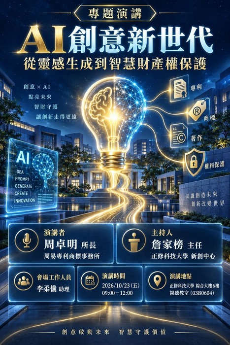 本校新創中心辦理【AI創意新世代：從靈感生成到智慧財產權保護】歡迎師生踴躍報名圖片